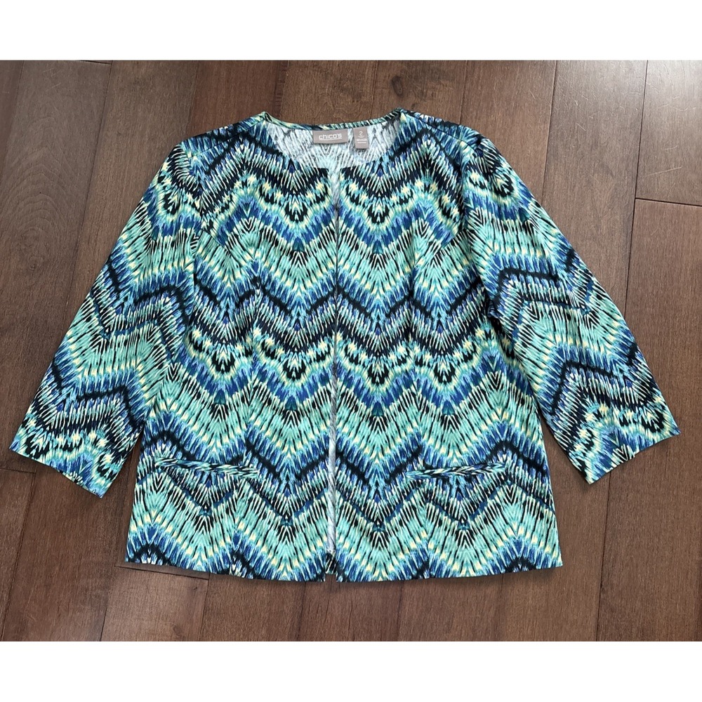 Chicos Aqua Printed Cotton Open Jacket Sz 2 L 12 Collarless Pockets Lightweight